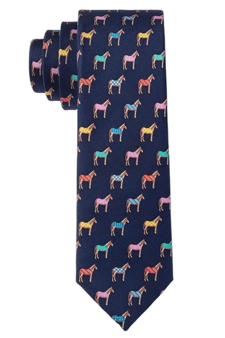 A navy blue necktie featuring a repeating pattern of small, colorful horses in various hues, displayed against a clean white background.