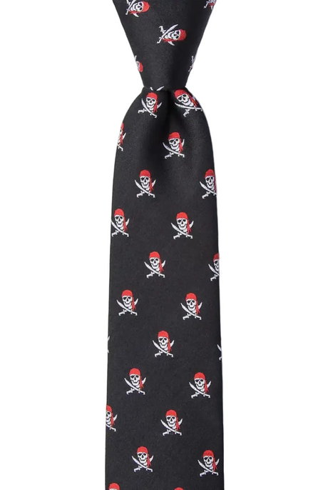 A black necktie with a repeating pattern of pirate skulls wearing red hats and holding swords, shown against a plain light background.